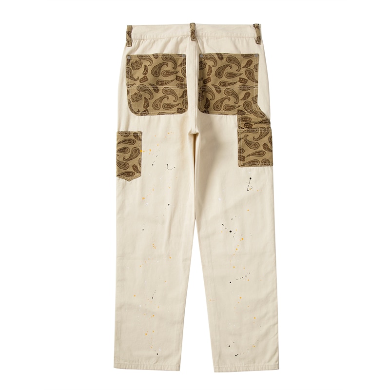Hip Hop Khaki Cashew Flower Overalls Ink Splashing Rice White Multi-color Stitching Stiff Straight Canvas Retro Cargo Pants Men