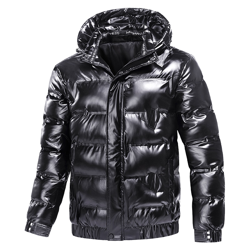 New Bright Leather Winter Men's Jacket Casual Parka Outwear Waterproof Puffer Padding Warm Stand With Hood Outwearing Coat