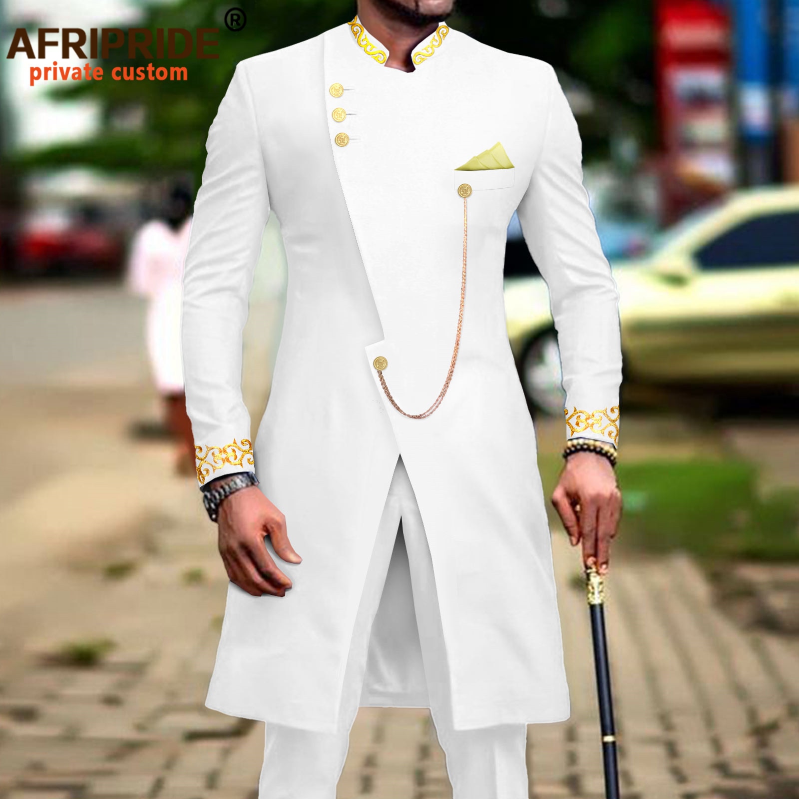 African Suit for Men Dashiki Long Embroidery Jackets and Pants 2 Piece with Kerchief Slim Fit Formal Outfits Wedding A2216037