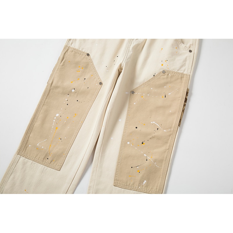Hip Hop Khaki Cashew Flower Overalls Ink Splashing Rice White Multi-color Stitching Stiff Straight Canvas Retro Cargo Pants Men