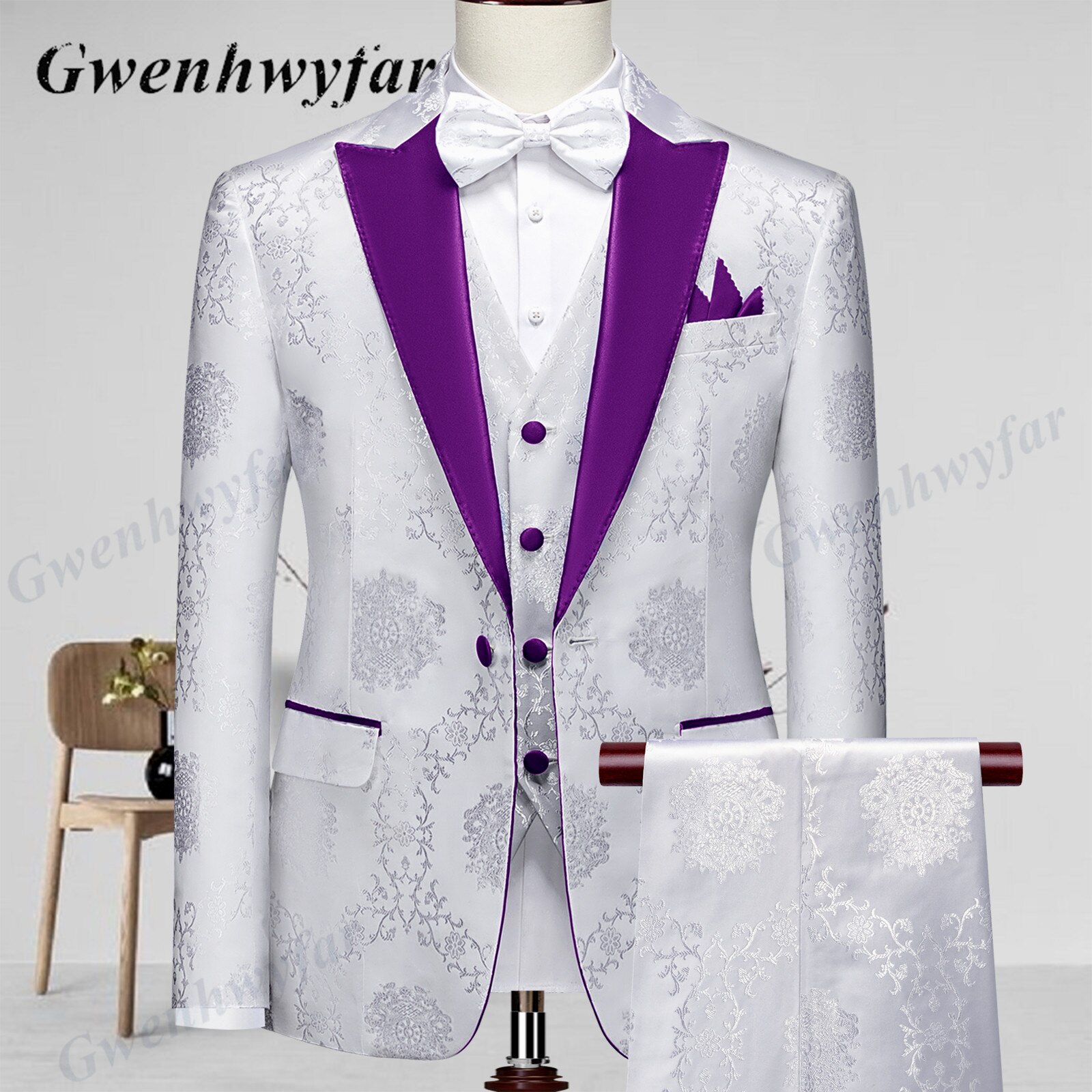 Gwenhwyfar High Quality Men Wedding Tuxedos 2022 Mist Pink Peak Lapel Men Blazer Trousers Waistcoat in White Pattern Material
