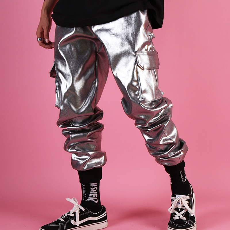 Casual Leather Harem Pant Male Streetwear Hip Hop Punk Silver  Multi Pocket Cargo Trouser Stage Clothes DJ Singer Pant Men