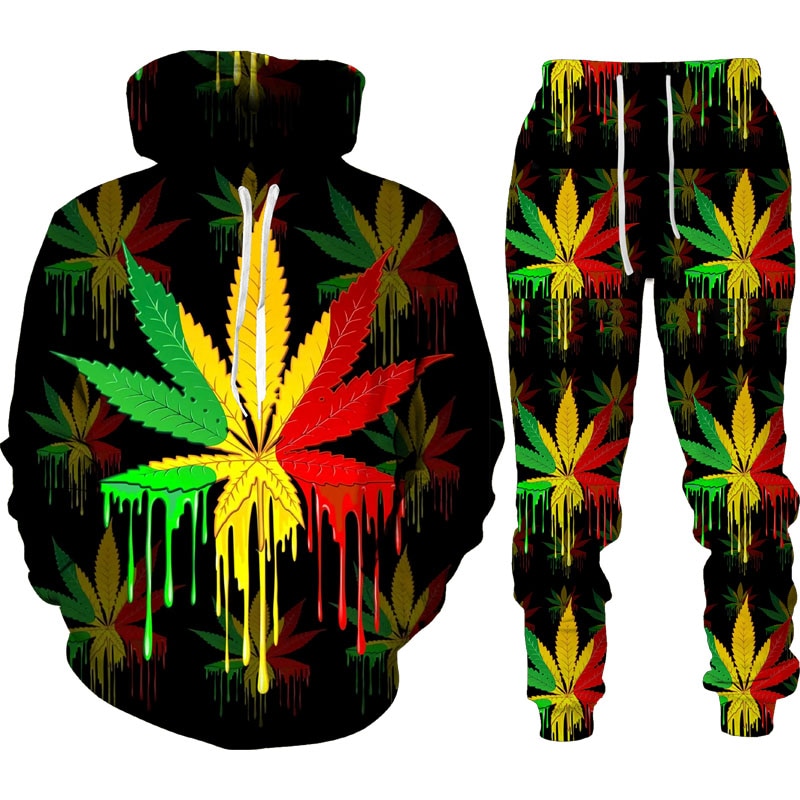 Autumn Winter 3D Plant Poisonous Weed Printed Men's Hooded Sweater Set Male Sportswear Tracksuit Long Sleeve Men Clothing Suit