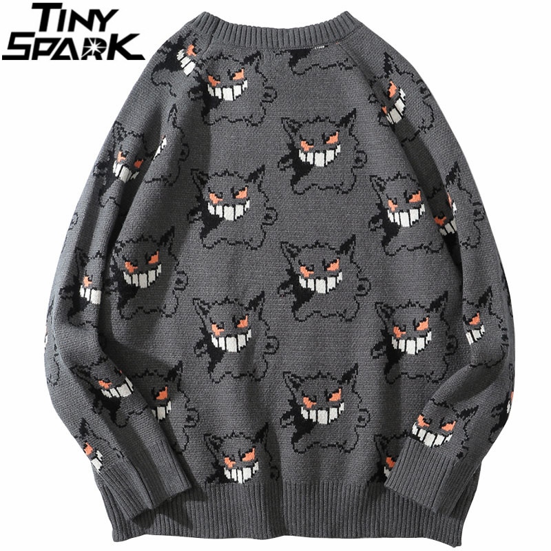 2023 Men Knitted Sweater Hip Hop Streetwear Dark Style Devil Print Pullover Harajuku Cotton Loose Sweater Autumn Pullover Gray
