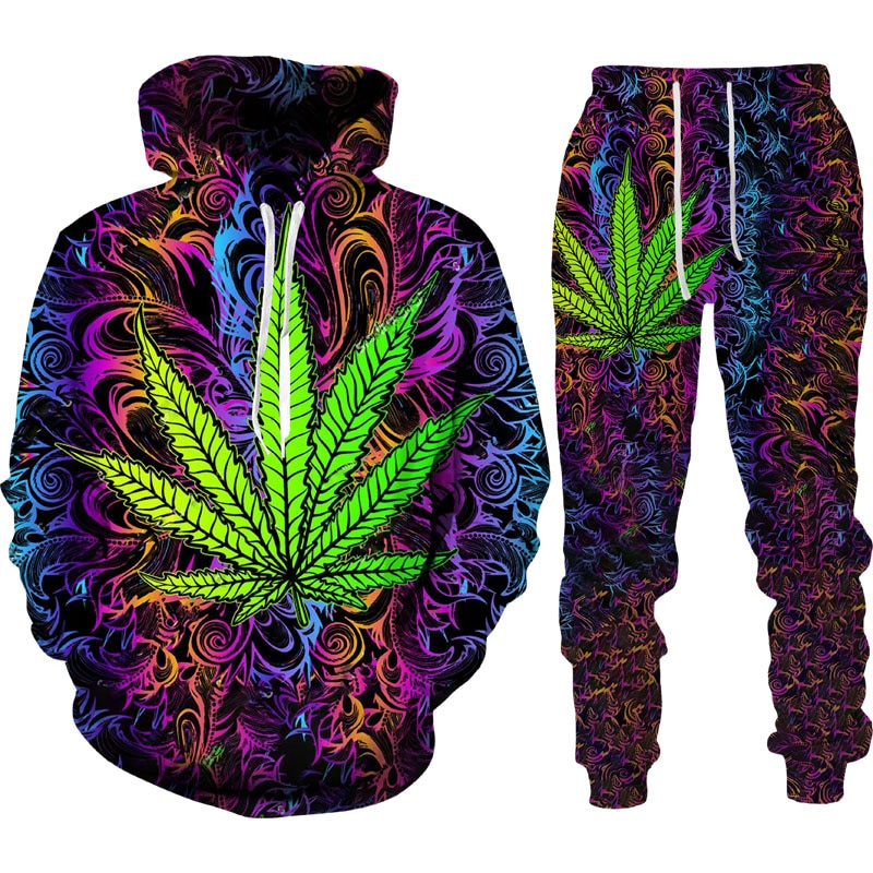 Autumn Winter 3D Plant Poisonous Weed Printed Men's Hooded Sweater Set Male Sportswear Tracksuit Long Sleeve Men Clothing Suit