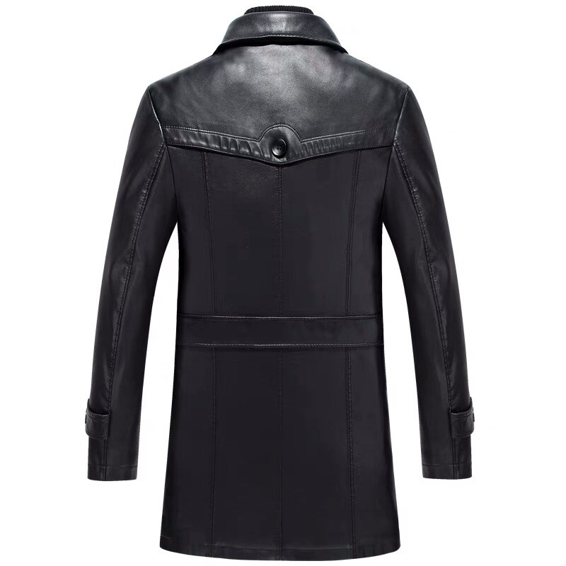 Free shiping 2019 new  black sheepskin soft matte men smart casual long style leather trench thick warm coat over coat on sale