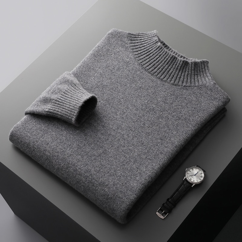 100% Pure Wool Cashmere Sweater Men's Half Turtleneck Pullover Casual Fashion Thickening Tops Knit Loose Patchwork Men's Jacket