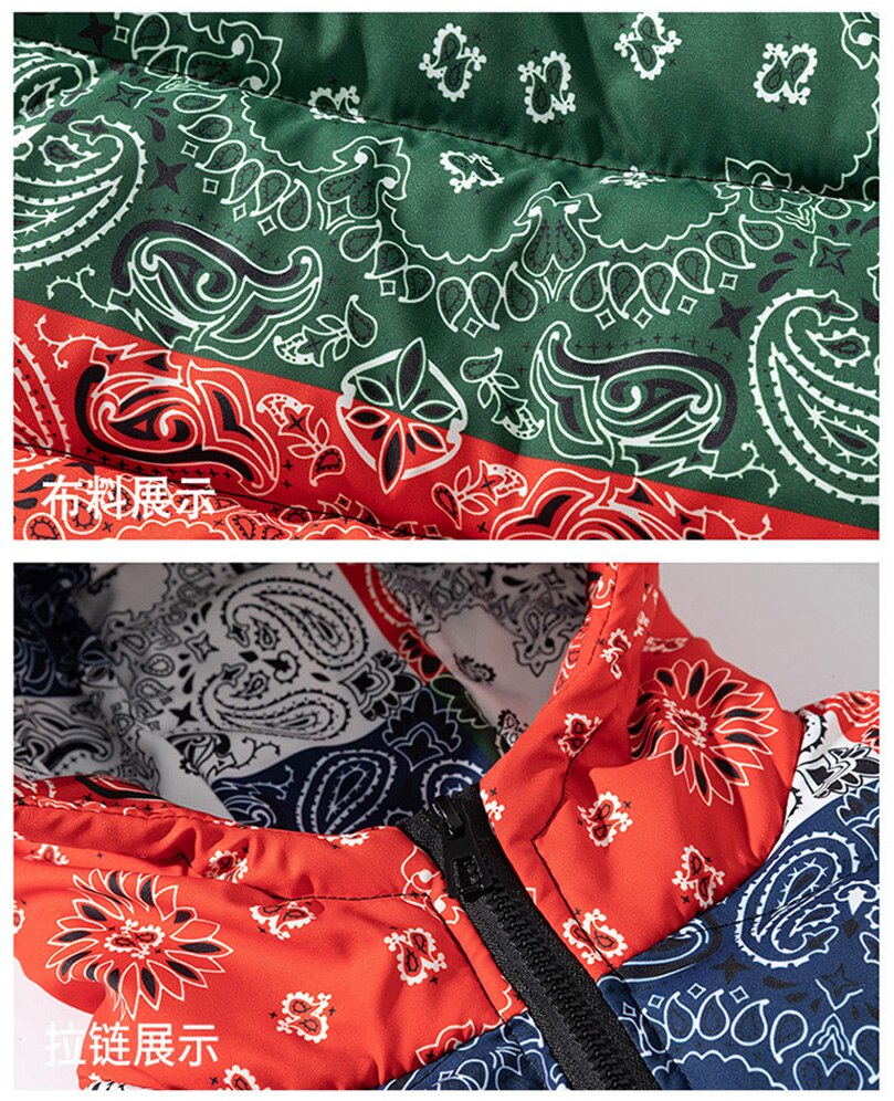 2022 Winter Jacket Men Bandana Print Patchwork Cotton Padded Coat Thick Warm Hooded Varsity College University Outerwear New