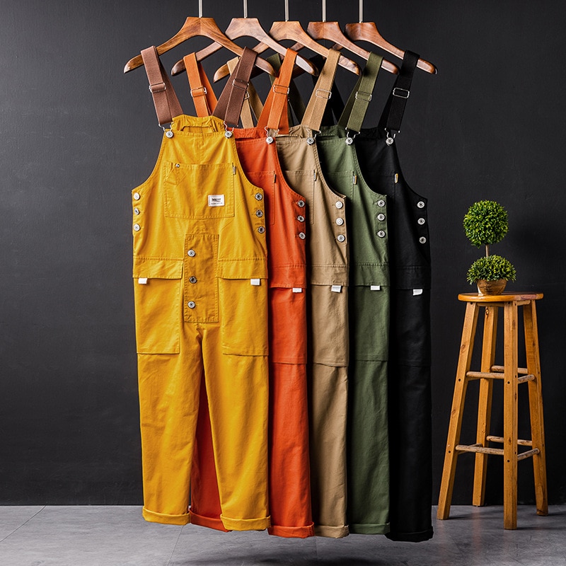 2021 Summer Men Bib Pants Solid Color Casual Jumpsuits Women Streetwear Joggers Multi Pockets Fashion Suspenders Cargo Overalls