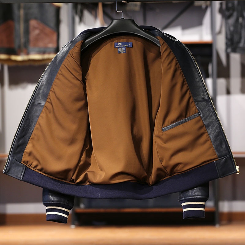 2022 top quality stand collar real leather jacket baseball tiger embroidery vegetable tanned sheep leather coat