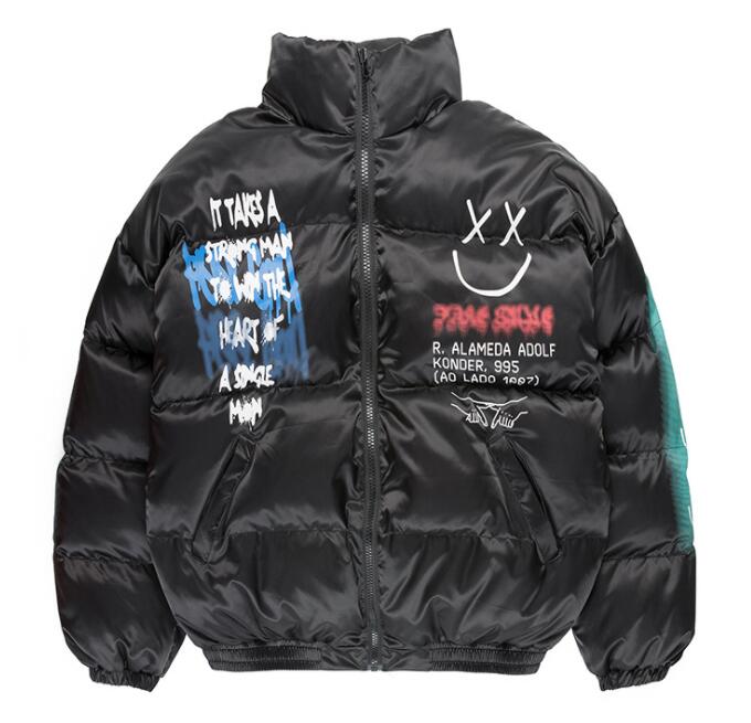 2021 Hip Hop Thick Jacket Parka Happy Graffiti Print Men Windbreaker Streetwear Harajuku Winter Padded Jacket Coat Warm Outwear
