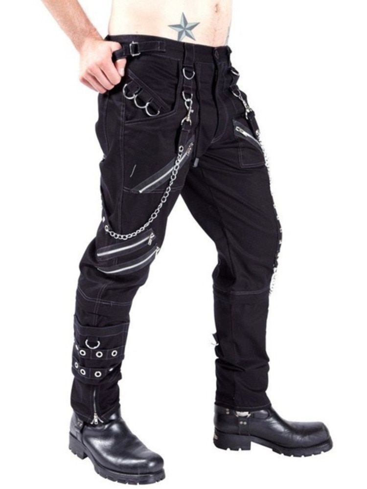PFNW Punk Rock And Roll Show Pants Men's Gothic Dark Style Slim Metal Splic Pencil Trousers Autumn New Skinny Clothing