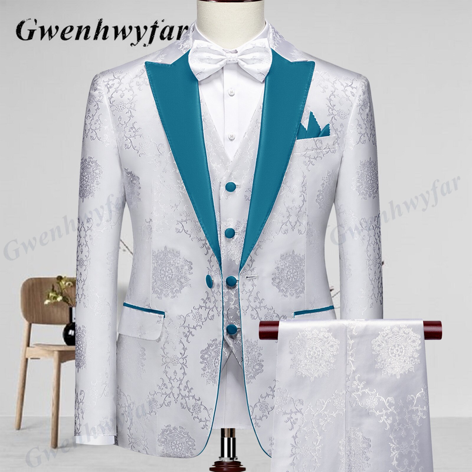Gwenhwyfar High Quality Men Wedding Tuxedos 2022 Mist Pink Peak Lapel Men Blazer Trousers Waistcoat in White Pattern Material