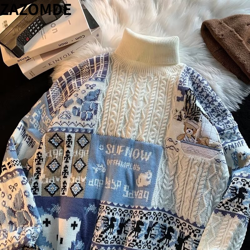 ZAZOMDE Bear Knitted Turtleneck Sweater Men 2022 Winter Jumper Harajuku Cartoon Fashion Vintage Oversize Pullover Streetwear Men