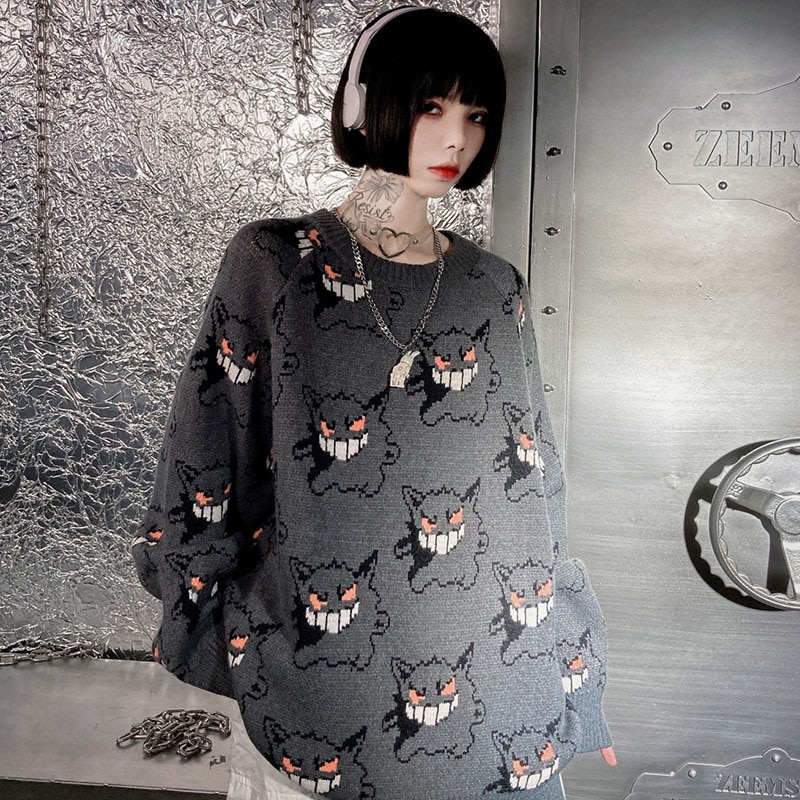 2023 Men Knitted Sweater Hip Hop Streetwear Dark Style Devil Print Pullover Harajuku Cotton Loose Sweater Autumn Pullover Gray