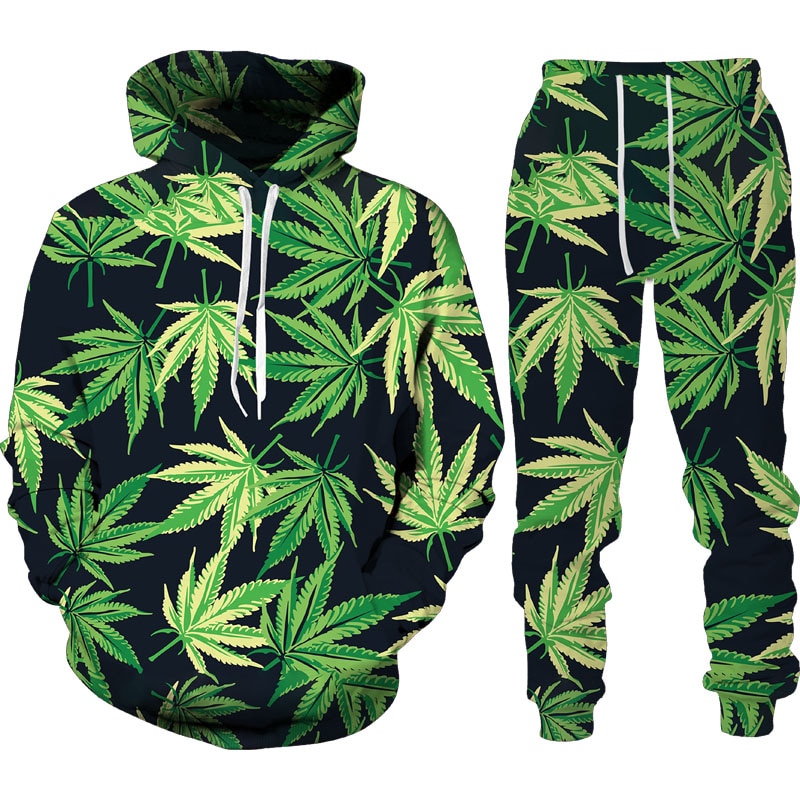 Autumn Winter 3D Plant Poisonous Weed Printed Men's Hooded Sweater Set Male Sportswear Tracksuit Long Sleeve Men Clothing Suit
