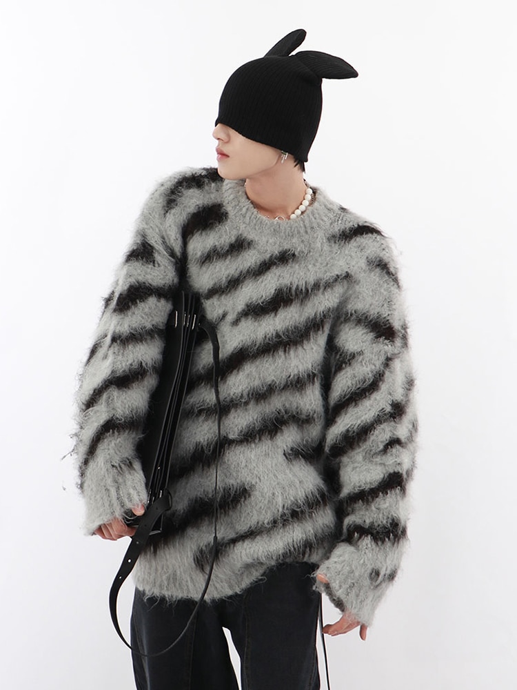 IEFB Niche Irregular Color Contrast Zebra Print Round Neck Men Sweater Loose Mohair Sweater Trend High 2023 Male Pullover 9A5526