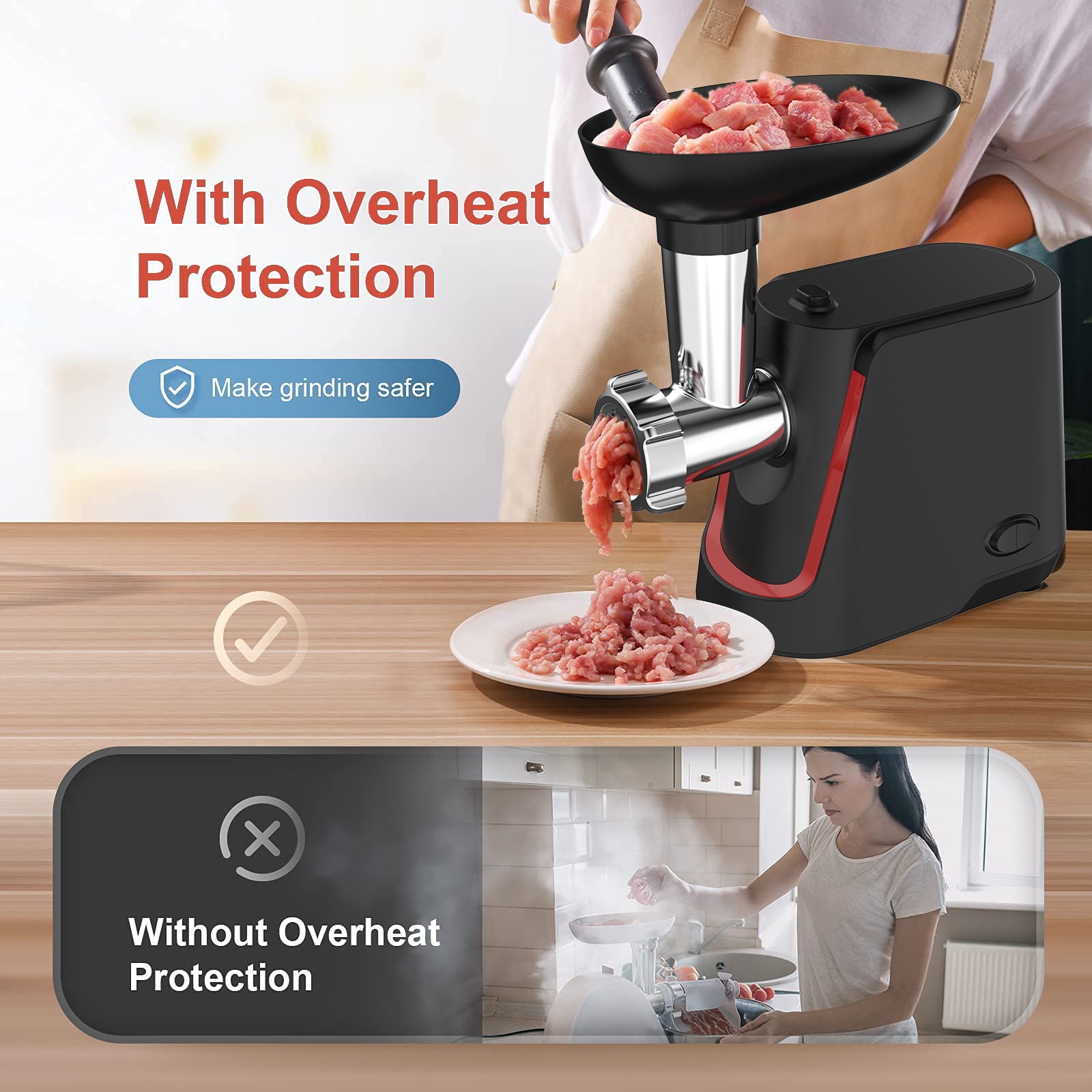 Dailyswee Electric Meat Grinder Home Sausage Stuffer Meat Mincer Overheating Protection Food Processor Multifunction Chopper