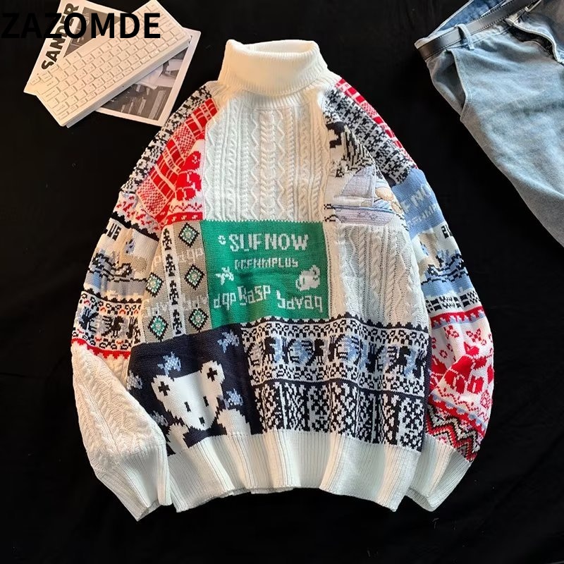 ZAZOMDE Bear Knitted Turtleneck Sweater Men 2022 Winter Jumper Harajuku Cartoon Fashion Vintage Oversize Pullover Streetwear Men