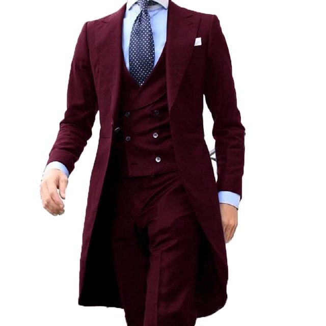 2022 New Arrivel Long Coat Designs Chinese Red Men Suit Gentle  Tuxedo Prom Blazer Custom 3 Pieces (Jacket+Vest+Pants)