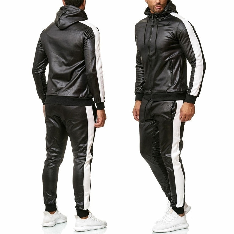 ZOGAA Men's PU Leather Hoodies Set 2 Piece Casual Sweatsuit Hooded Jacket and Pants Jogging Suit Tracksuits