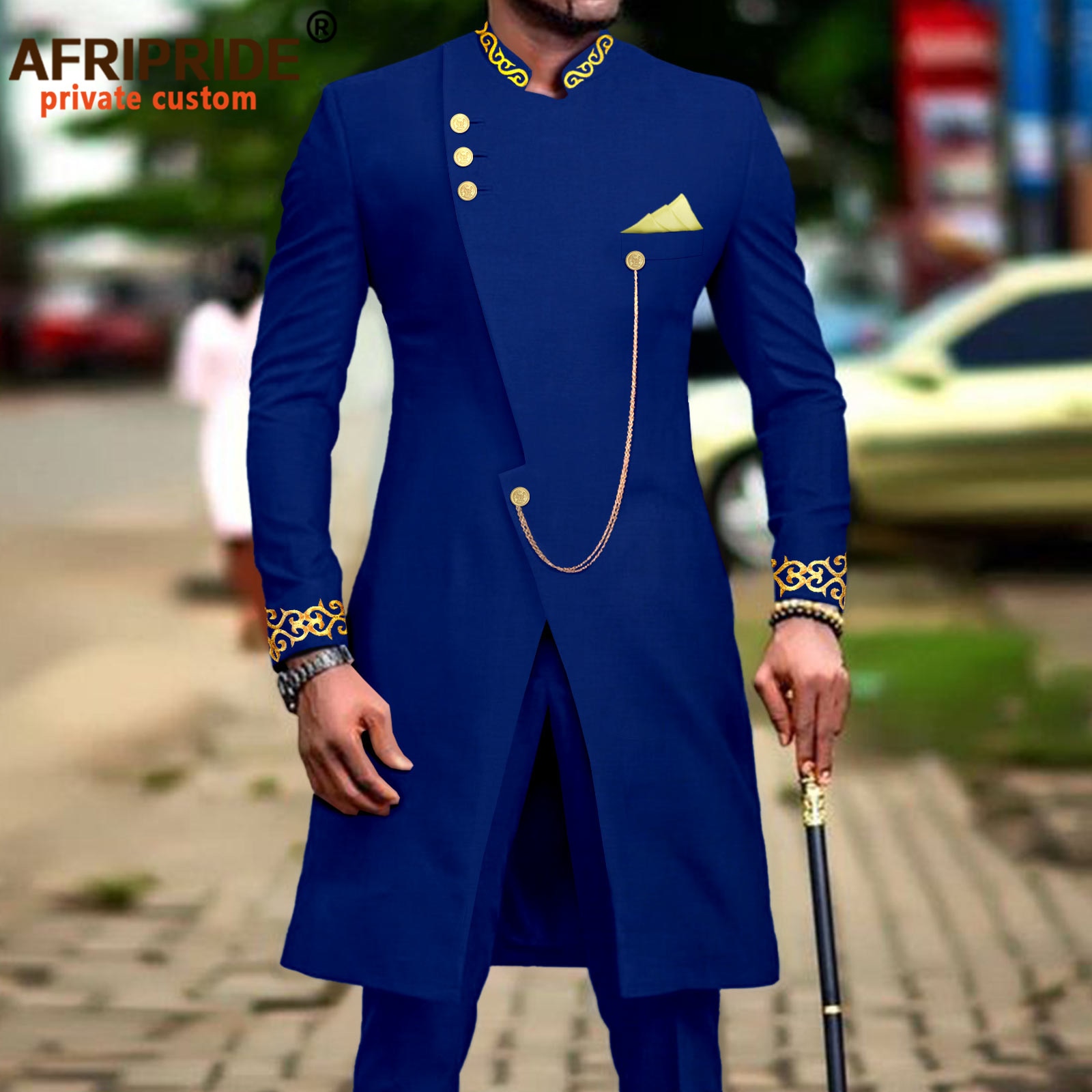 African Suit for Men Dashiki Long Embroidery Jackets and Pants 2 Piece with Kerchief Slim Fit Formal Outfits Wedding A2216037