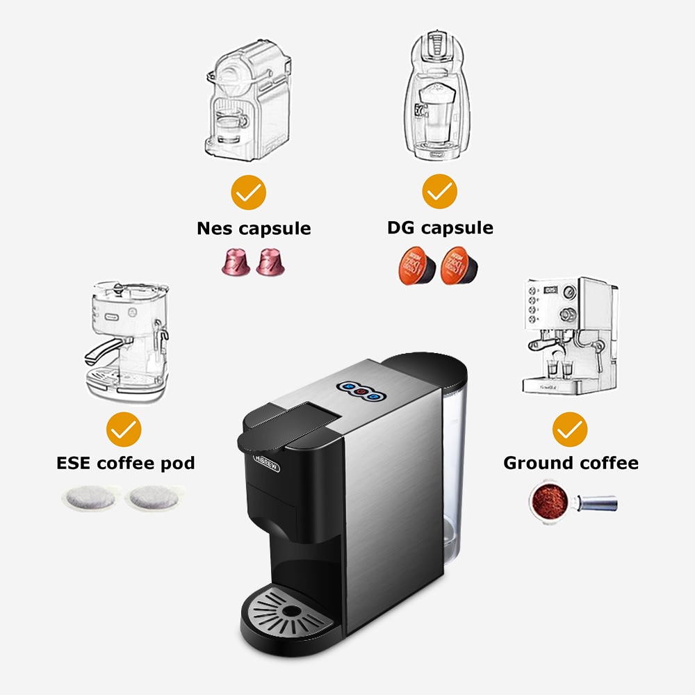 HiBREW Coffee Machine 4in1 Multiple Capsule Espresso  Dolce Milk&Nespresso&ESE Pod&Powder Coffee Maker Stainless Metal Outook H3