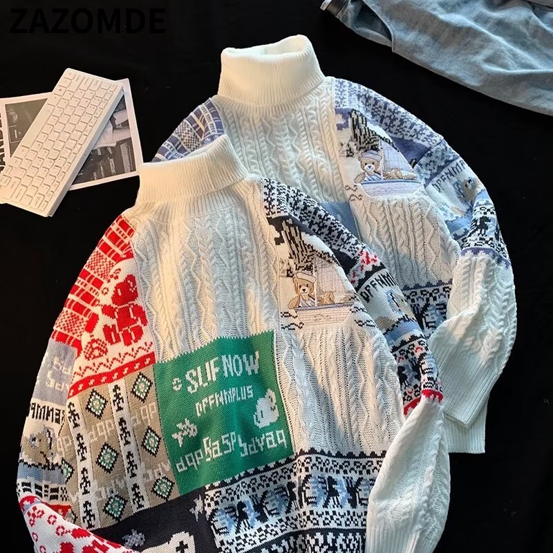 ZAZOMDE Bear Knitted Turtleneck Sweater Men 2022 Winter Jumper Harajuku Cartoon Fashion Vintage Oversize Pullover Streetwear Men
