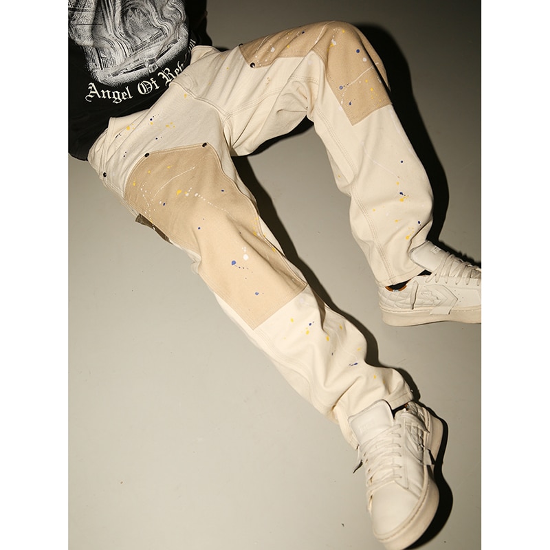 Hip Hop Khaki Cashew Flower Overalls Ink Splashing Rice White Multi-color Stitching Stiff Straight Canvas Retro Cargo Pants Men