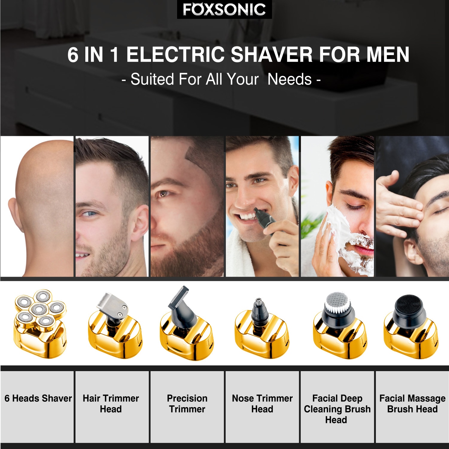 FOXSONIC 2021 New Style 6 in 1 Rechargeable Electric Shaver 6 Floating Heads Bald Electric Shaver Grooming Kit Shaver For Men
