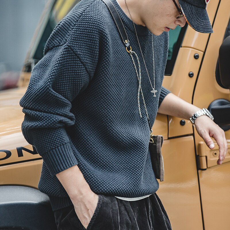 Maden Men Pullover Sweater Japan Retro Heavy Pineapple Grain Thick O-neck Knitted Oversize Harajuku Streetwear Casul Sweater