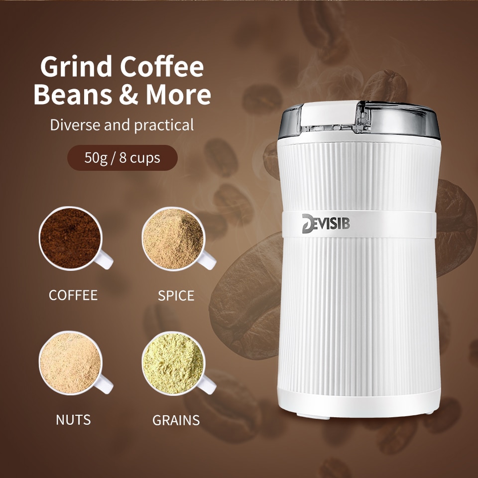 DEVISIB Coffee Grinder Electric 50g with Stainless Steel Blade and Bowl Brush Including for Making Beans Nuts Spice Sugar Grains