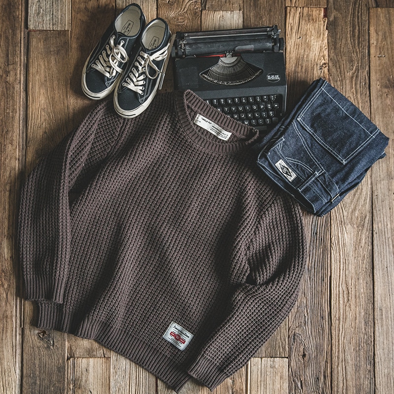 Maden Men's Winter Oversize knitted Pullover Sweater Toolkit Japan Vintage Solid O-Neck Autumn Winter Coffee Male Knit Sweaters