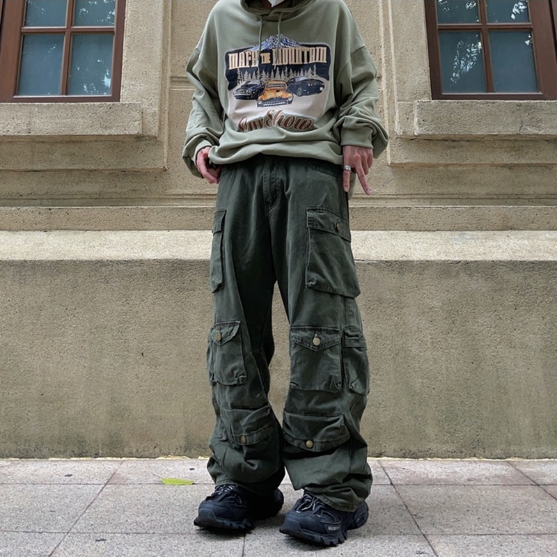 Retro Mult-pockets Streetwear Solid Color Overalls Male and Female Straight Harajuku Baggy Casual Cargos Loose Oversize Trousers