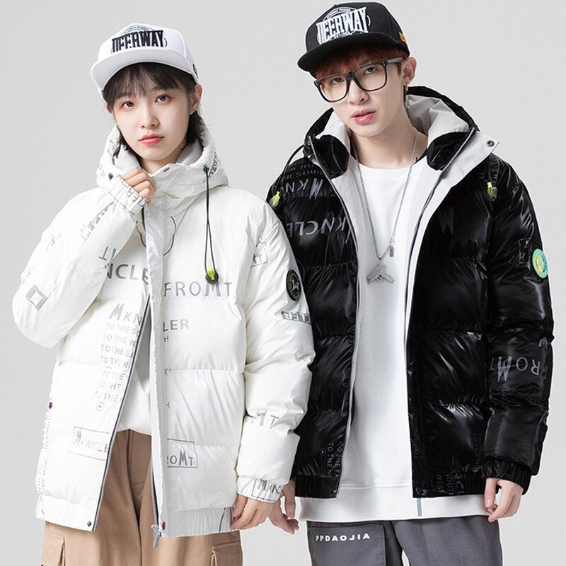 Men's Winter 90% White Duck Down Down Jacket Men's Casual Loose Bright Printed Down Jacket Outdoor Waterproof Hooded Jacket