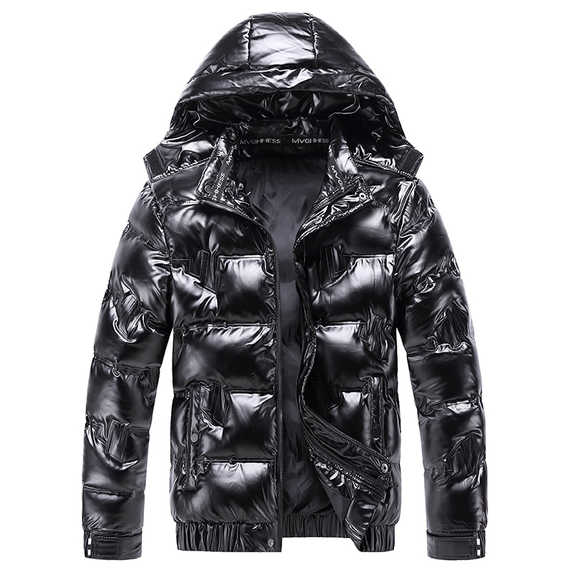 New Bright Leather Winter Men's Jacket Casual Parka Outwear Waterproof Puffer Padding Warm Stand With Hood Outwearing Coat