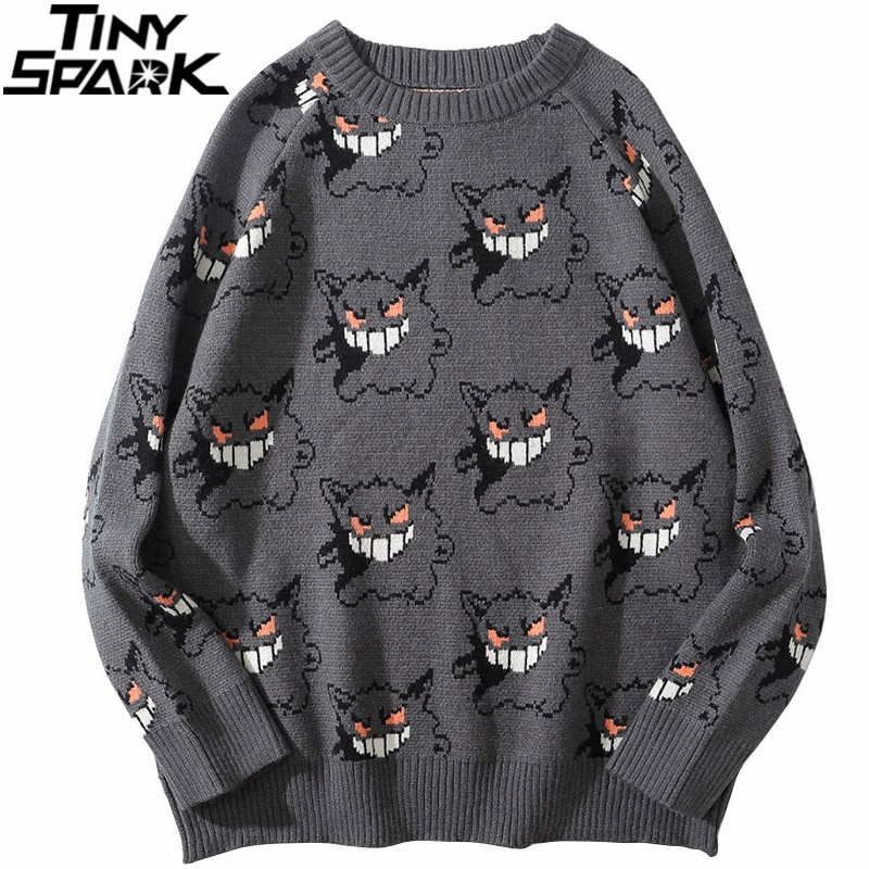 2023 Men Knitted Sweater Hip Hop Streetwear Dark Style Devil Print Pullover Harajuku Cotton Loose Sweater Autumn Pullover Gray