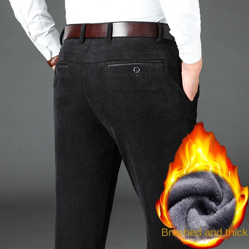 Winter Corduroy Mens Pants Thick Warm Fleece Casual Pants Business Classic Fitted Version Black Brown Trousers For Men Clothing