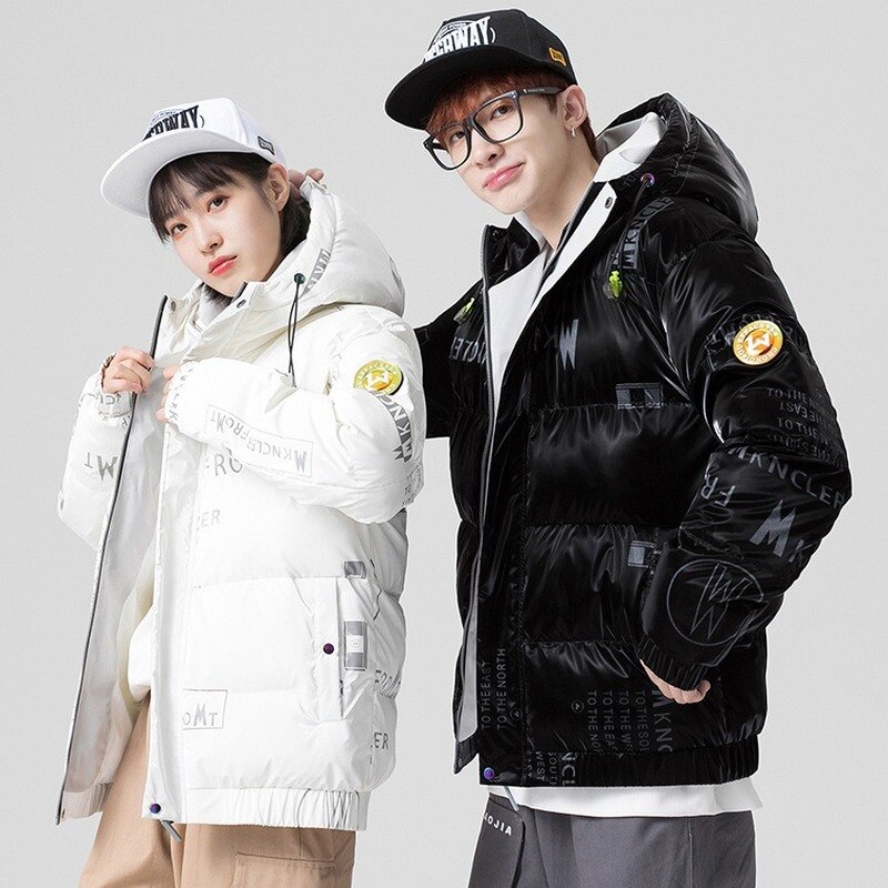 Men's Winter 90% White Duck Down Down Jacket Men's Casual Loose Bright Printed Down Jacket Outdoor Waterproof Hooded Jacket