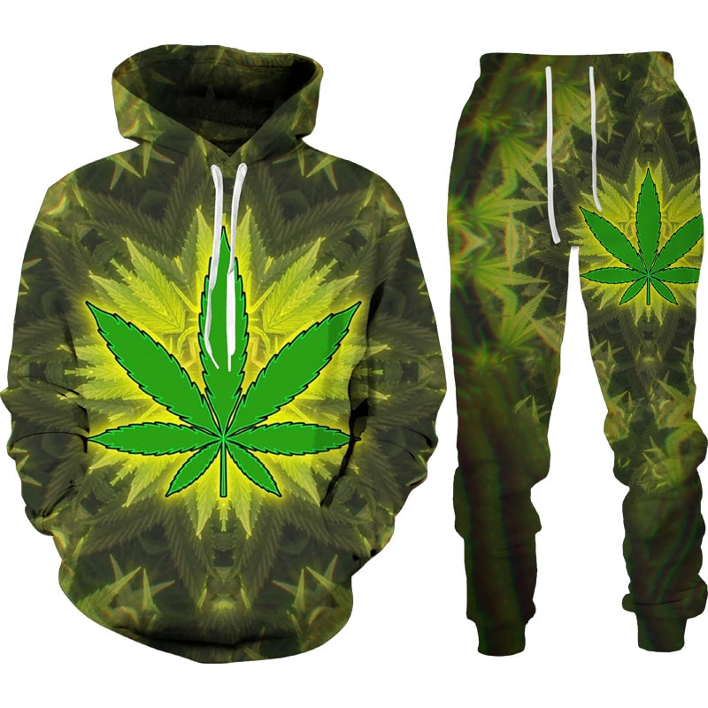 Autumn Winter 3D Plant Poisonous Weed Printed Men's Hooded Sweater Set Male Sportswear Tracksuit Long Sleeve Men Clothing Suit