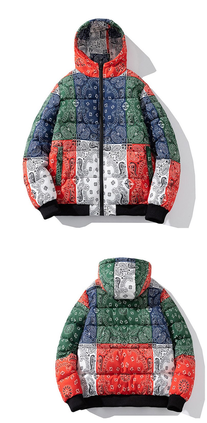 2022 Winter Jacket Men Bandana Print Patchwork Cotton Padded Coat Thick Warm Hooded Varsity College University Outerwear New