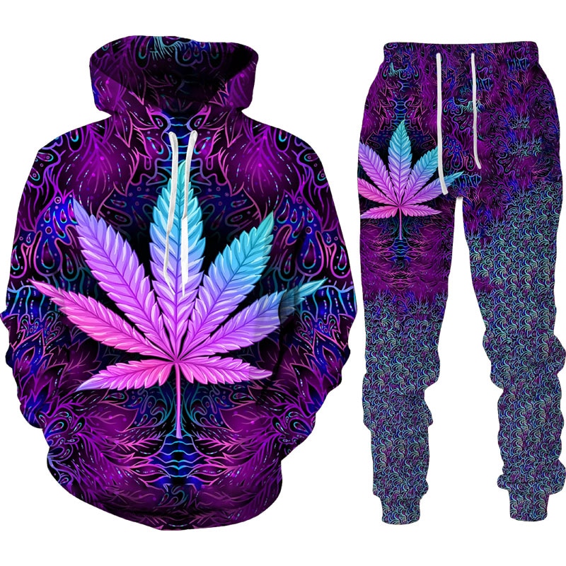Autumn Winter 3D Plant Poisonous Weed Printed Men's Hooded Sweater Set Male Sportswear Tracksuit Long Sleeve Men Clothing Suit