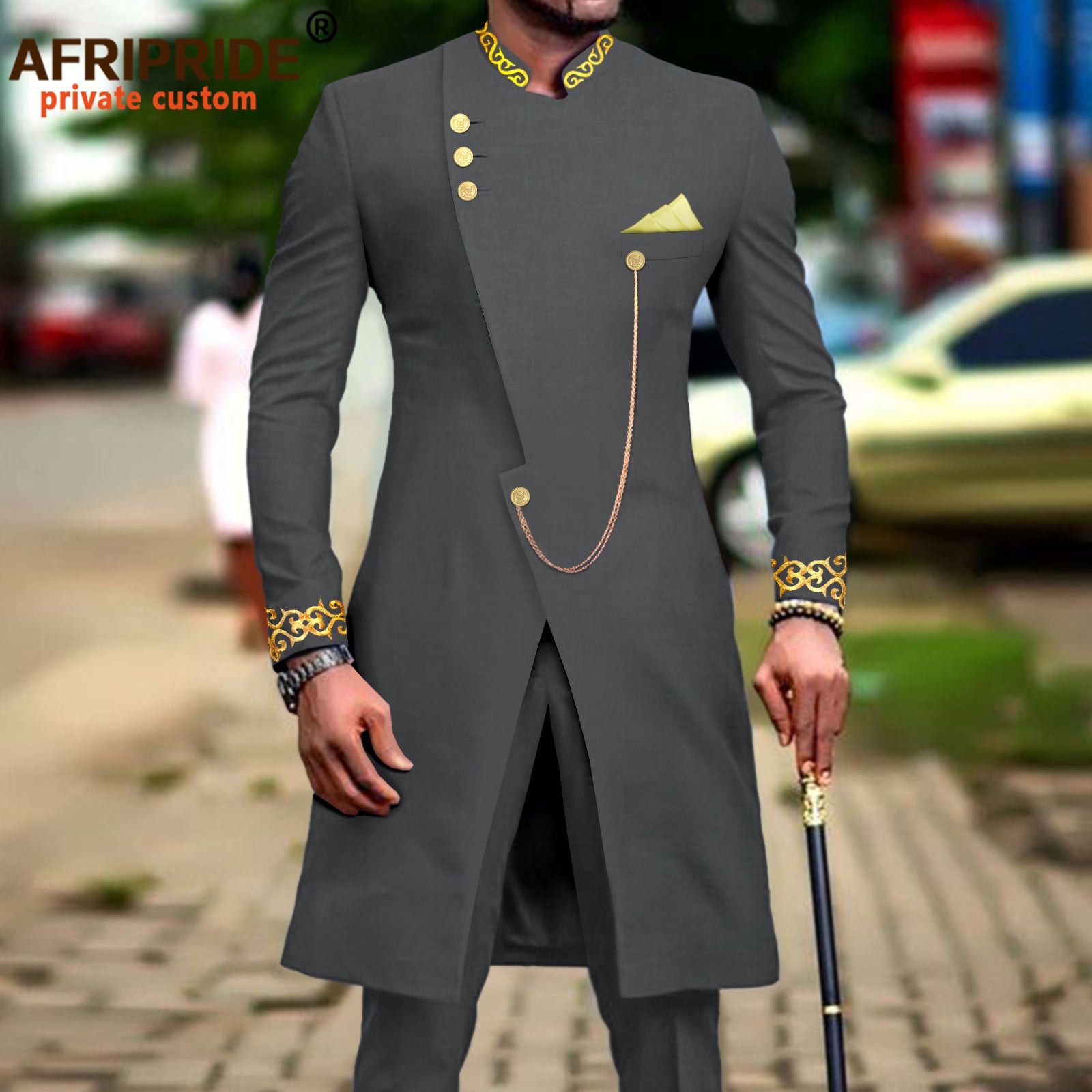 African Suit for Men Dashiki Long Embroidery Jackets and Pants 2 Piece with Kerchief Slim Fit Formal Outfits Wedding A2216037
