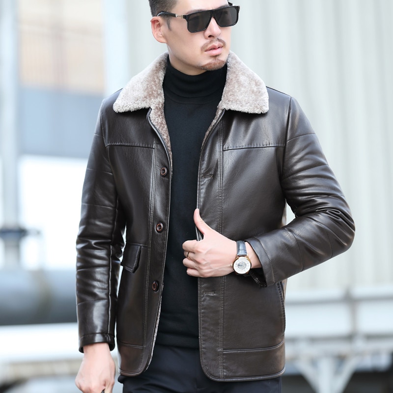 YXL-838 Natural Leather Men's Autumn and Winter Sheepskin Casual Lapel Mid Length Business Leather Down Jacket Plus Size