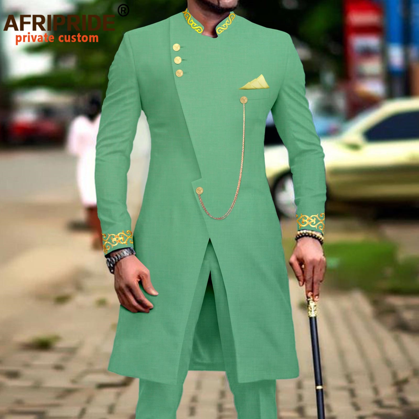 African Suit for Men Dashiki Long Embroidery Jackets and Pants 2 Piece with Kerchief Slim Fit Formal Outfits Wedding A2216037