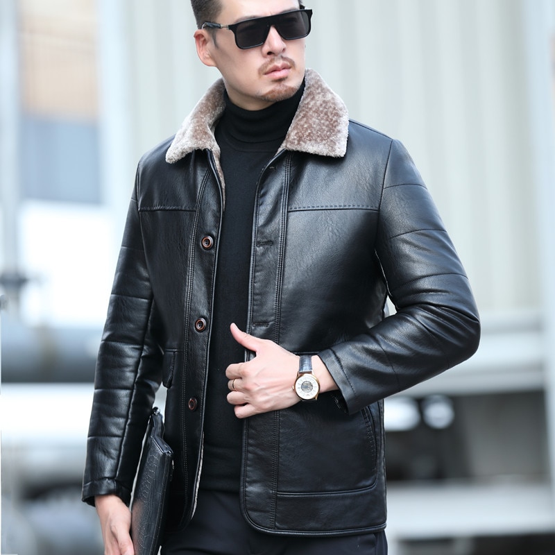 YXL-838 Natural Leather Men's Autumn and Winter Sheepskin Casual Lapel Mid Length Business Leather Down Jacket Plus Size