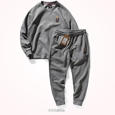 Autumn and Winter Heavyweight Casual Hoodies + Sweaterpants Two-piece Suit Men's Retro Waffle Long Sleeve Round Neck Sportwear
