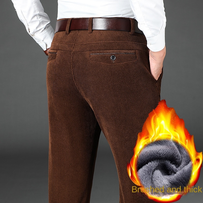 Winter Corduroy Mens Pants Thick Warm Fleece Casual Pants Business Classic Fitted Version Black Brown Trousers For Men Clothing