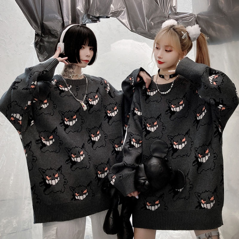 2023 Men Knitted Sweater Hip Hop Streetwear Dark Style Devil Print Pullover Harajuku Cotton Loose Sweater Autumn Pullover Gray