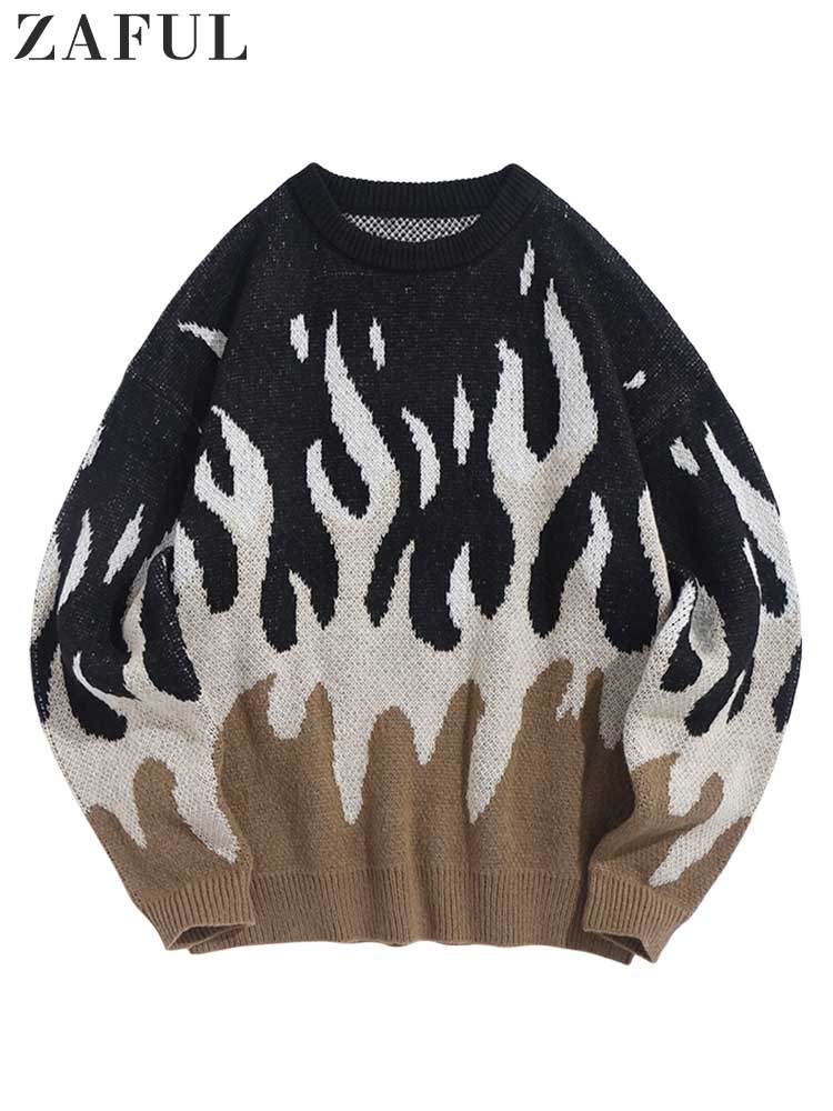 ZAFUL Sweater for Men Fire Flame Graphic Sweaters Y2K Streetwear Knit Pullover Long Sleeves Fall Winter Warm Jumper masculino